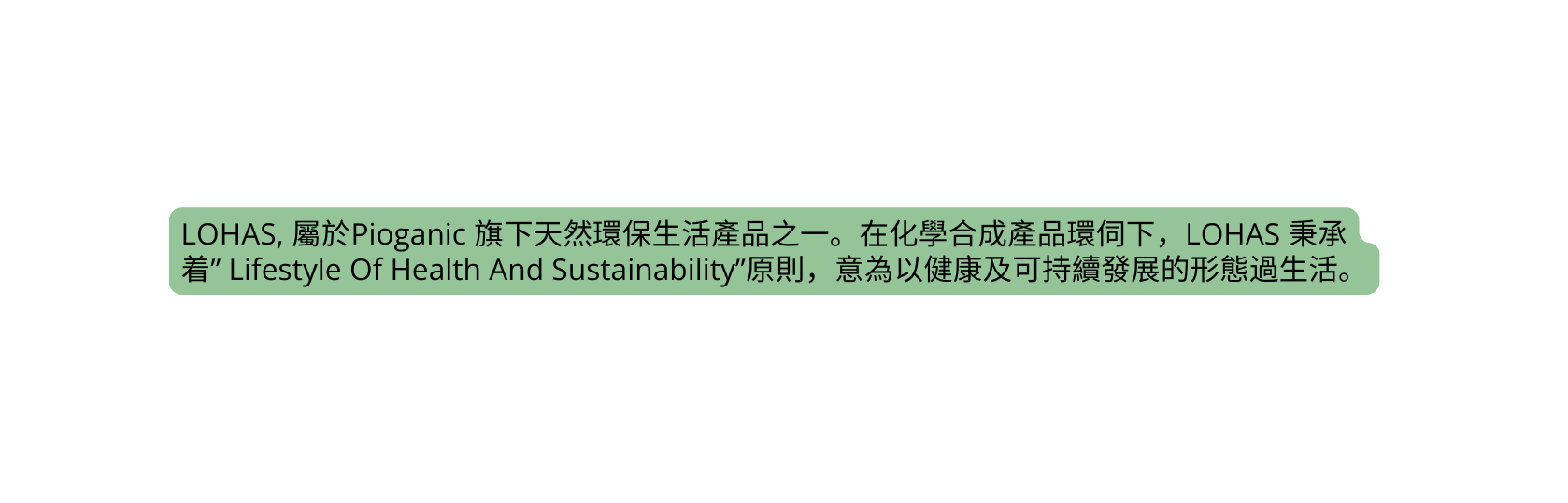 LOHAS 屬於Pioganic 旗下天然環保生活產品之一 在化學合成產品環伺下 LOHAS 秉承着 Lifestyle Of Health And Sustainability 原則 意為以健康及可持續發展的形態過生活