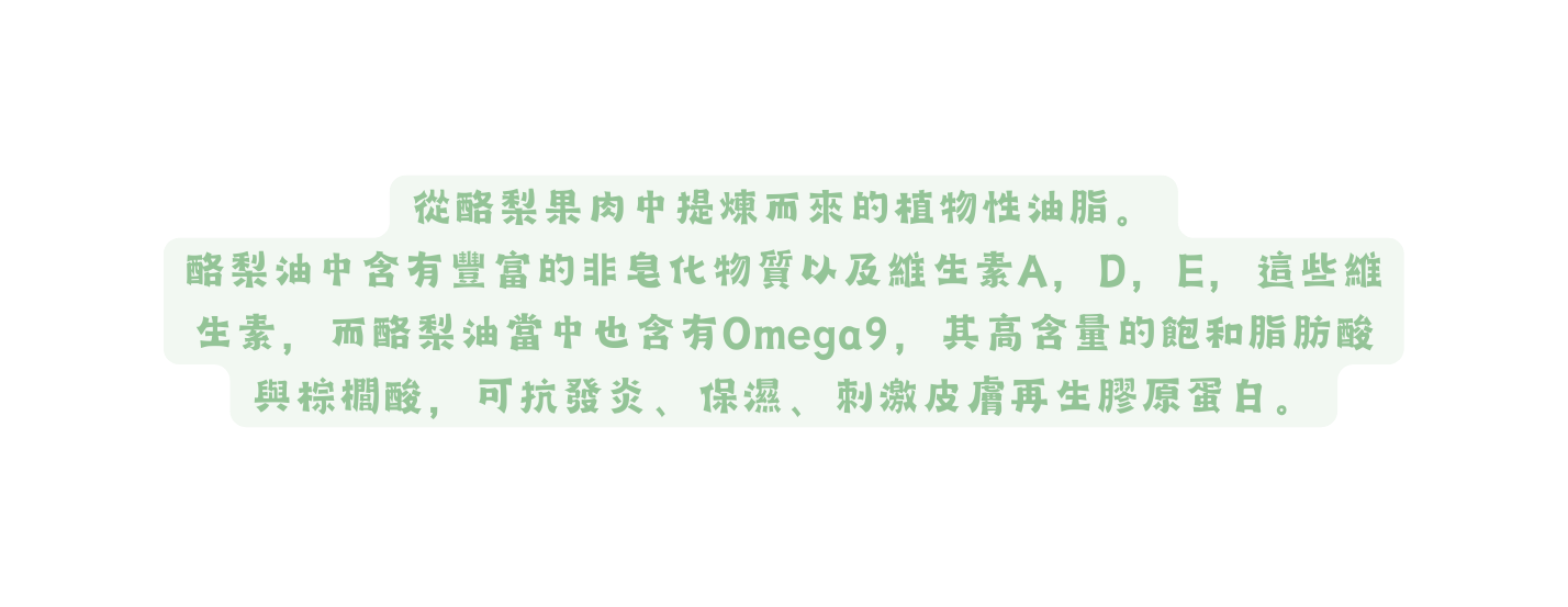 從酪梨果肉中提煉而來的植物性油脂 酪梨油中含有豐富的非皂化物質以及維生素A D E 這些維生素 而酪梨油當中也含有Omega9 其高含量的飽和脂肪酸與棕櫚酸 可抗發炎 保濕 刺激皮膚再生膠原蛋白